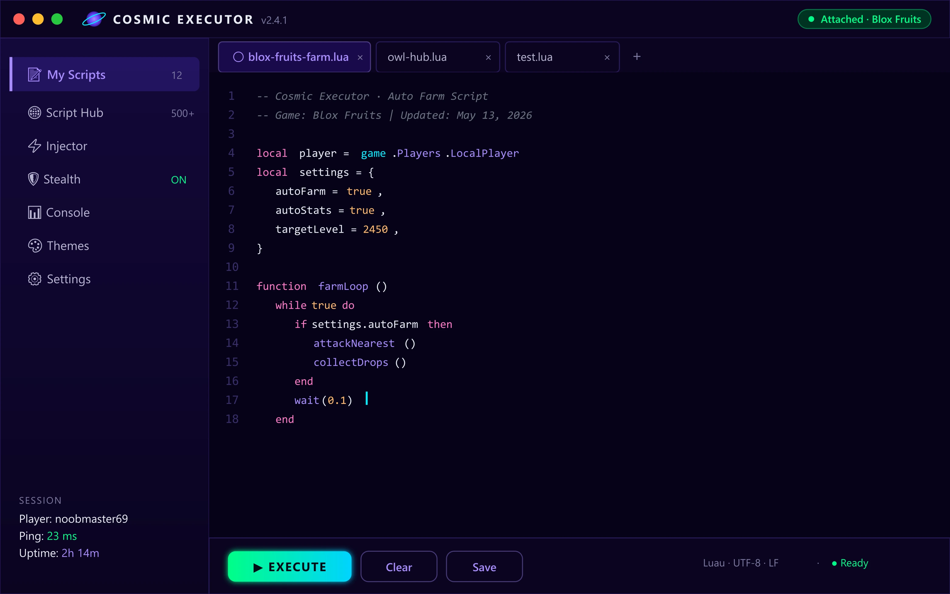 Cosmic Executor interface — Roblox script editor with Luau syntax highlighting