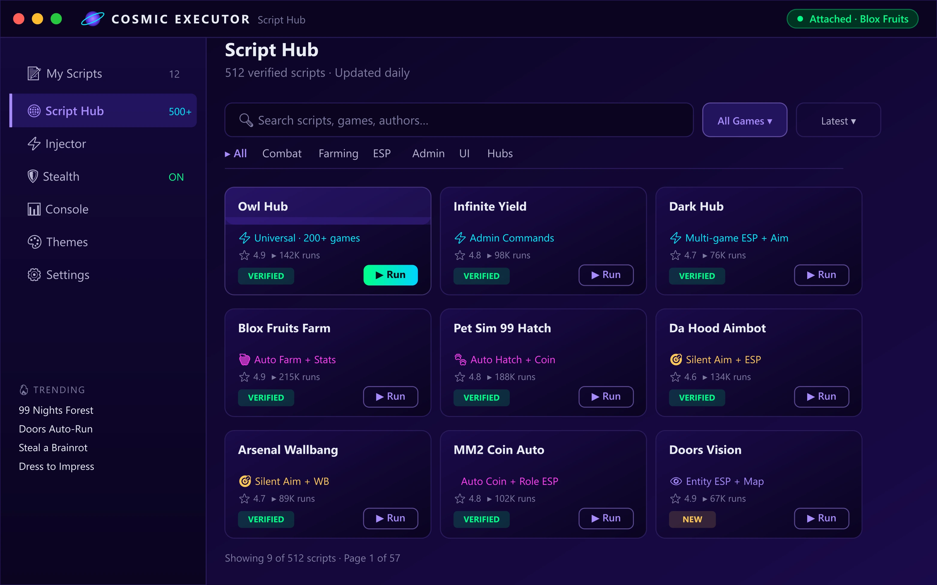 Built-in Script Hub showing 600+ Roblox scripts